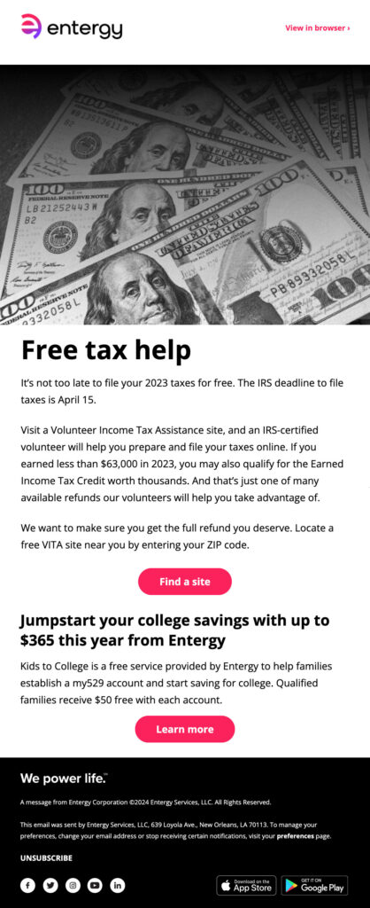 Entergy — Free Tax Help email